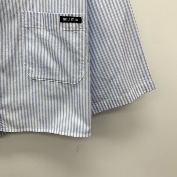 Miu Miu Blue Striped Cotton Baby Collar Short-Sleeved Single-Breasted Shirt Size - Picture 6 of 8